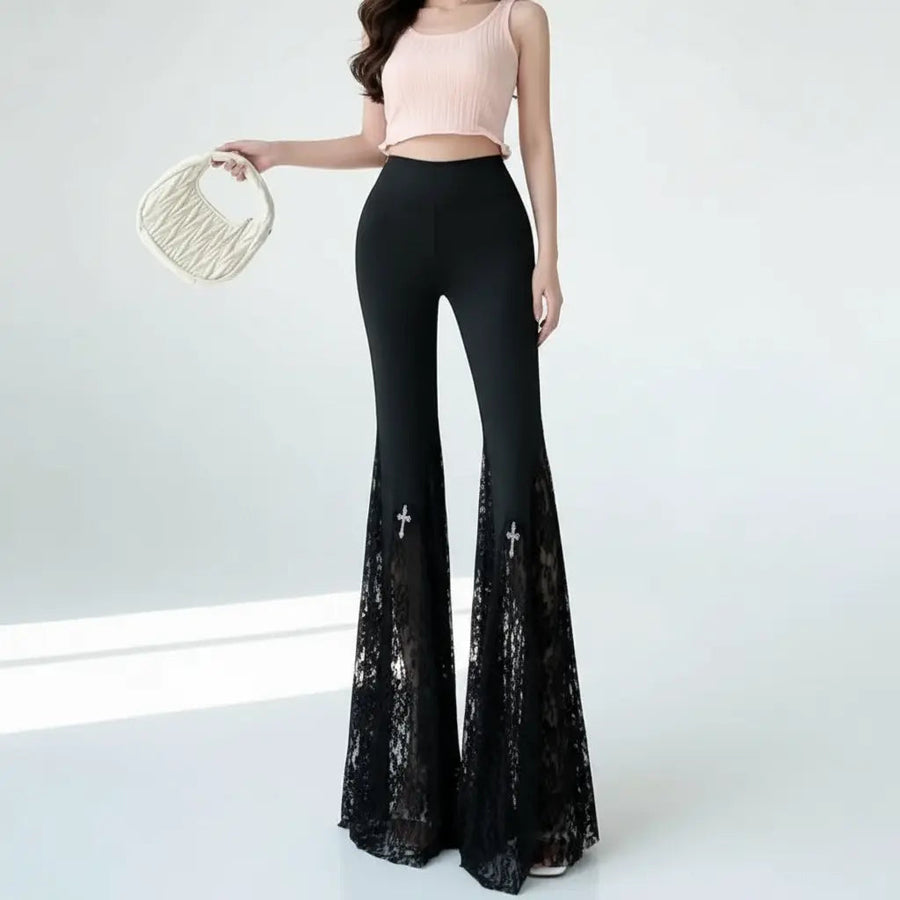 Gothic Black Lace Flare Pants - See-Through Mesh Trousers