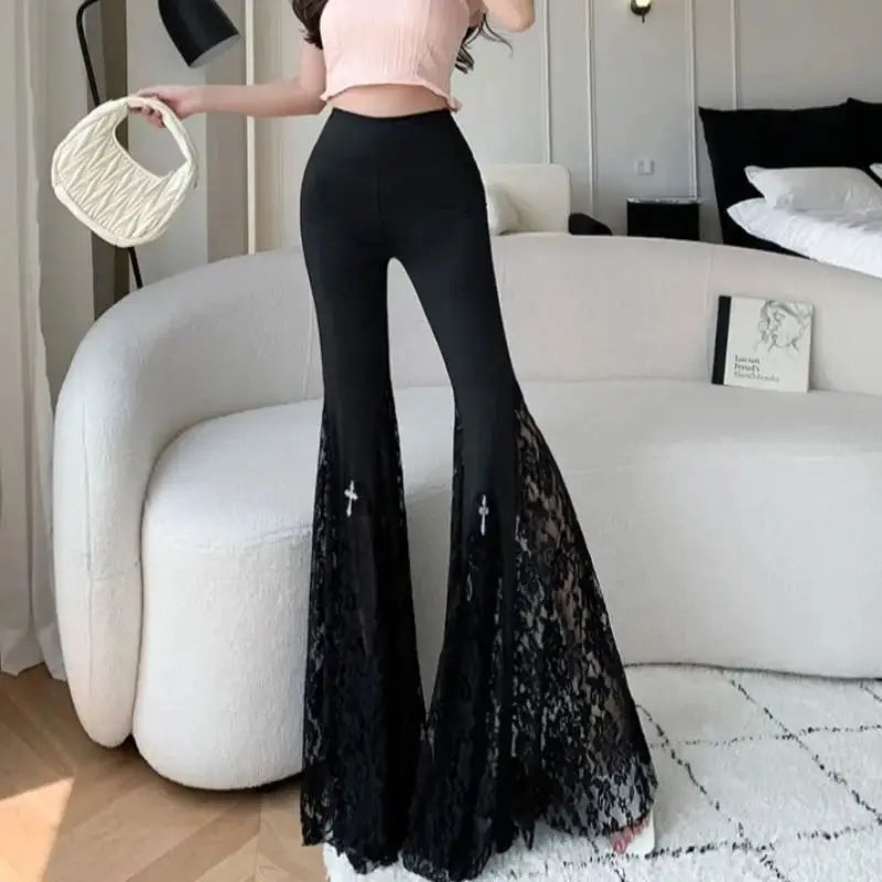 Gothic Black Lace Flare Pants - See-Through Mesh Trousers