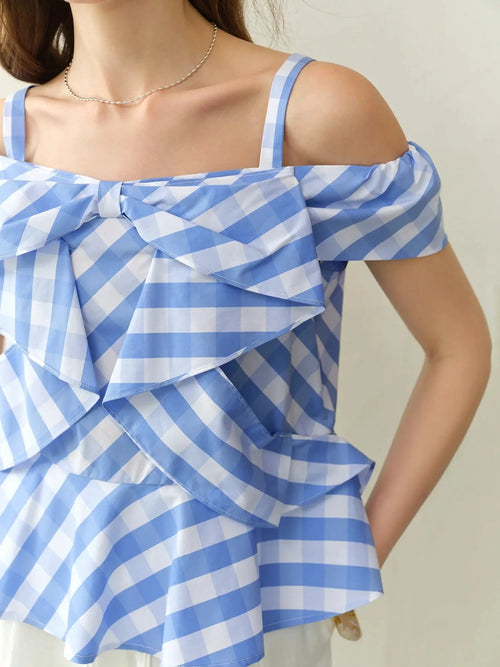 Asymmetric Checkered Blouse Geometric Print Top