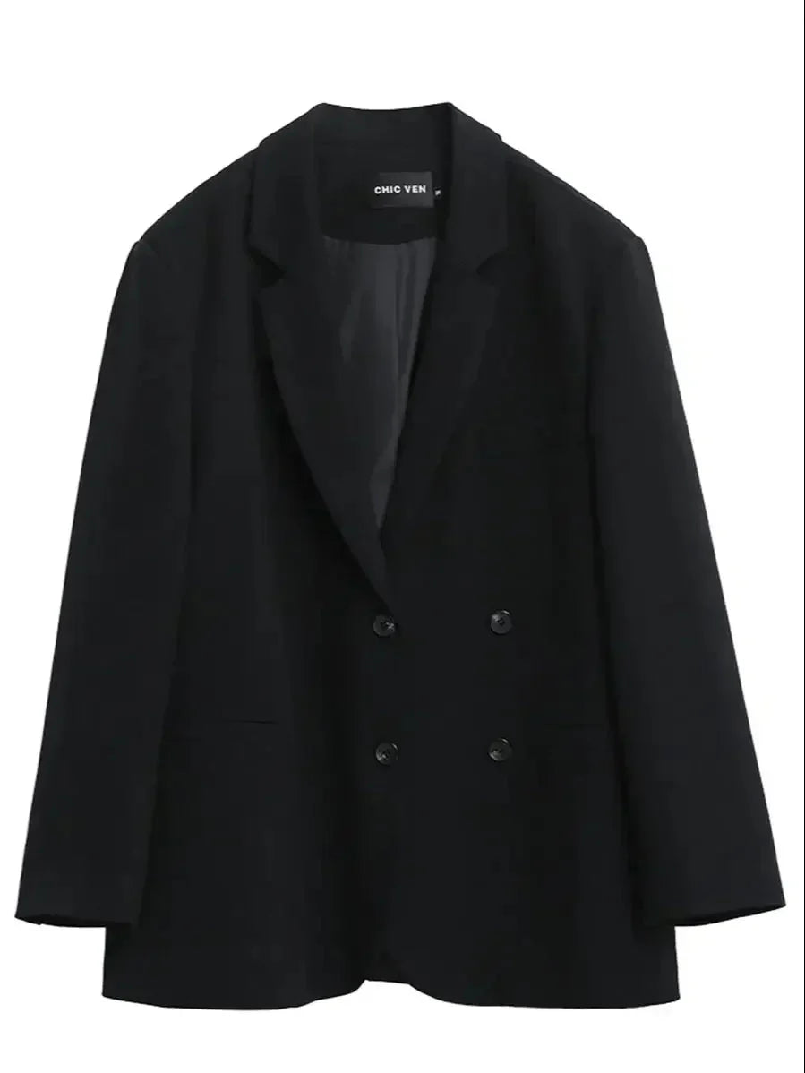 Double-Breasted Office Blazer Stylish Mid-Length Coat