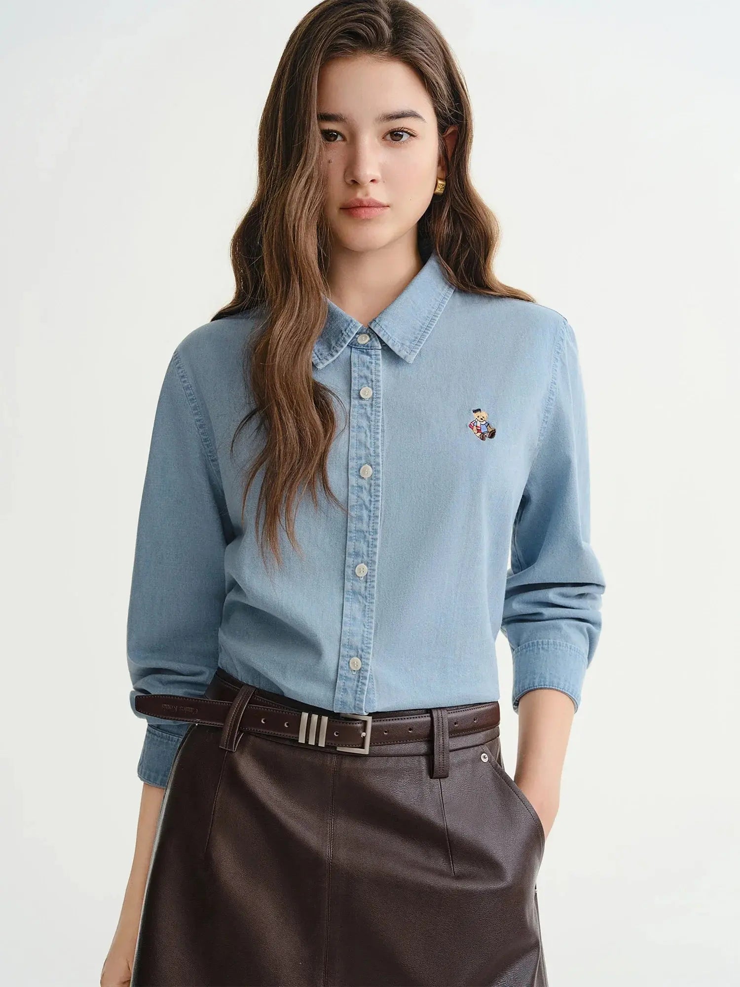 American Retro Bear-Embroidered Denim Shirt (Plus Size)