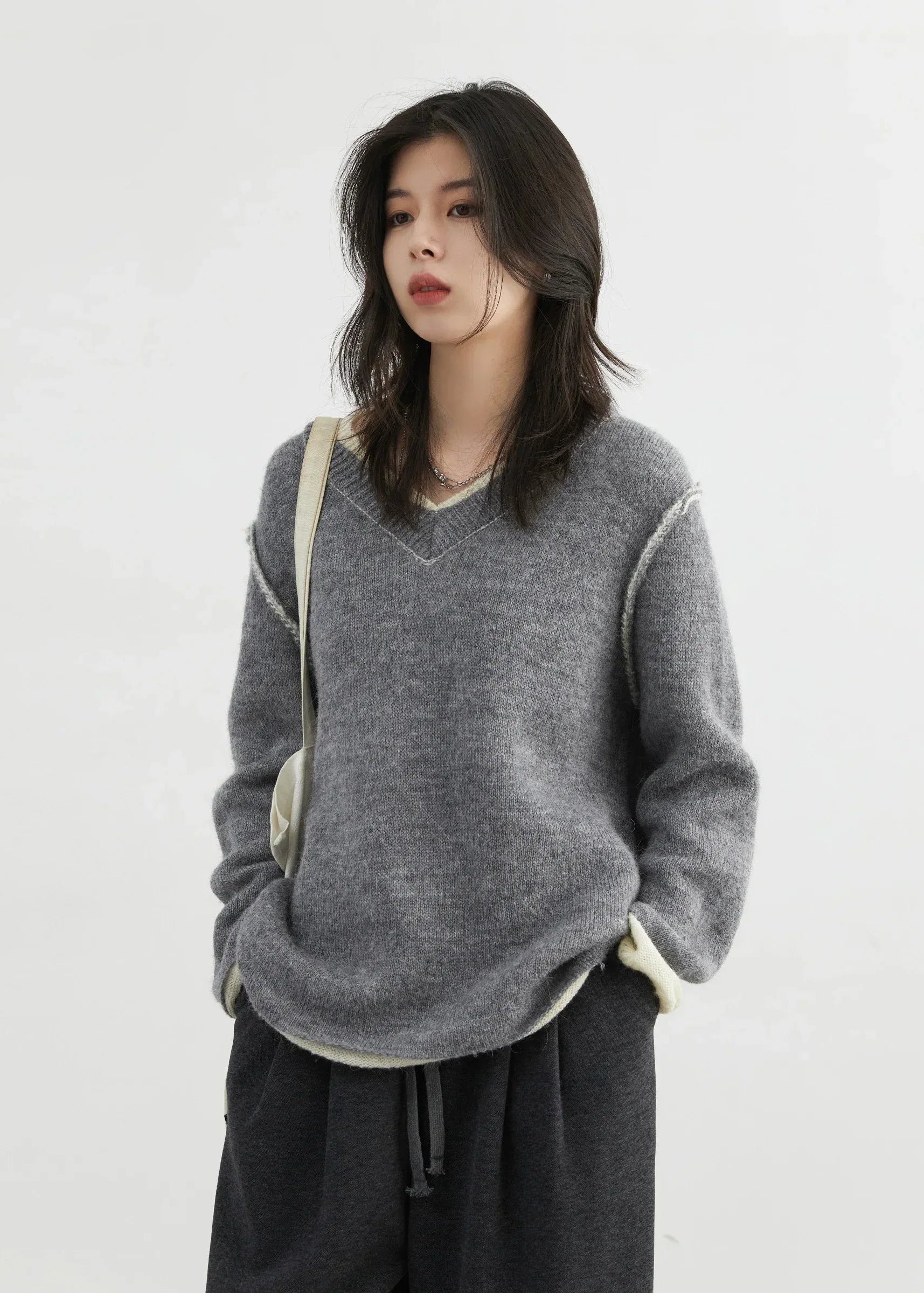 Color Block V-Neck Sweater Loose Knit Pullover