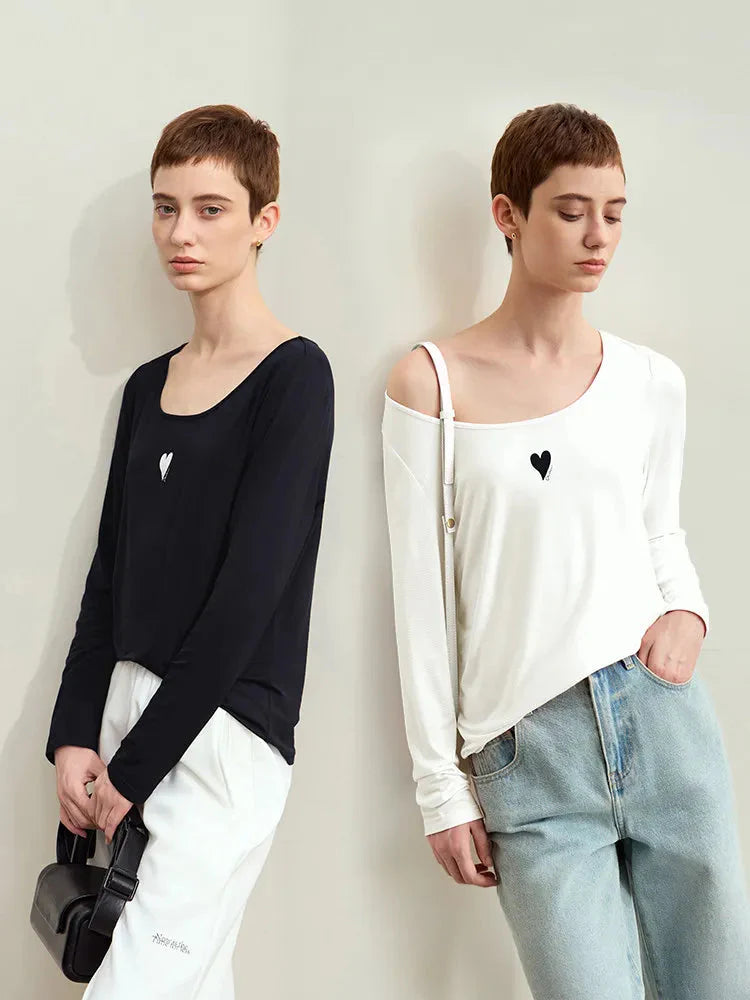 U-Neck Contrast Print Tee Long Sleeve Cotton Basic
