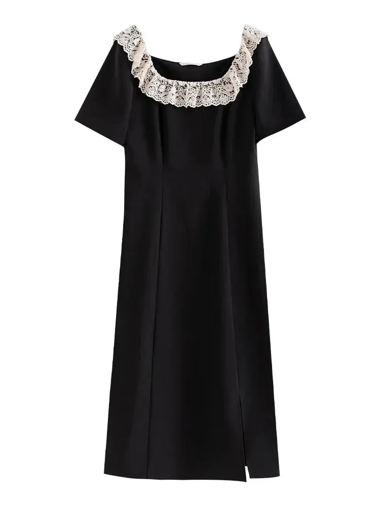 Elegant Black Lace Short Sleeve Long Dress