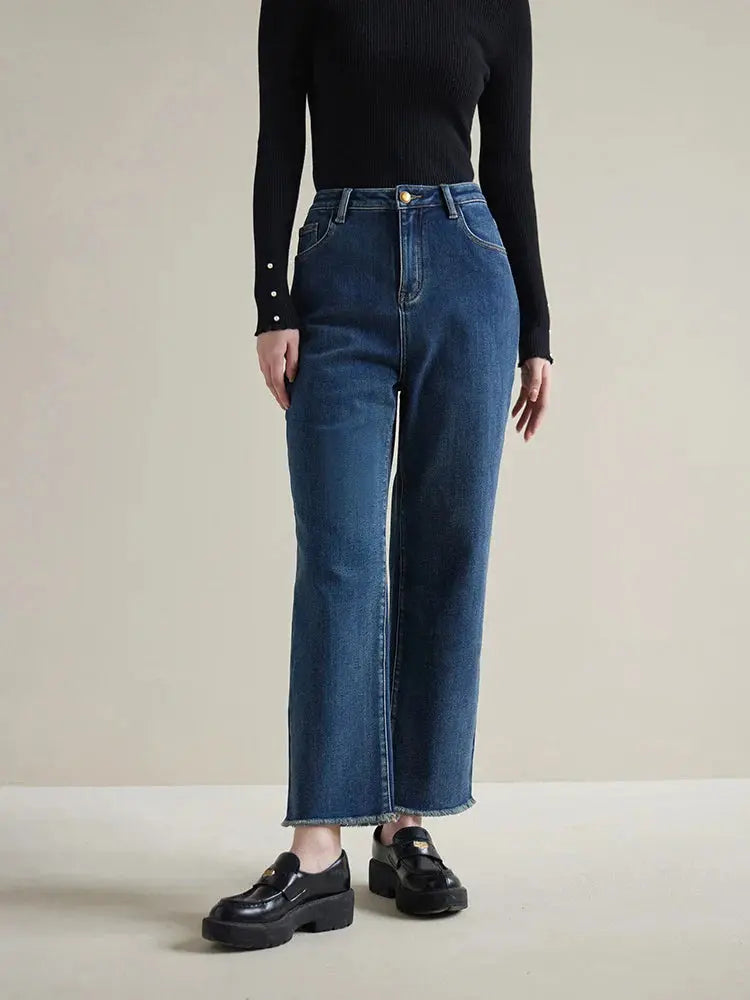 Warm Winter Fleece High-Waist Black Straight Jeans