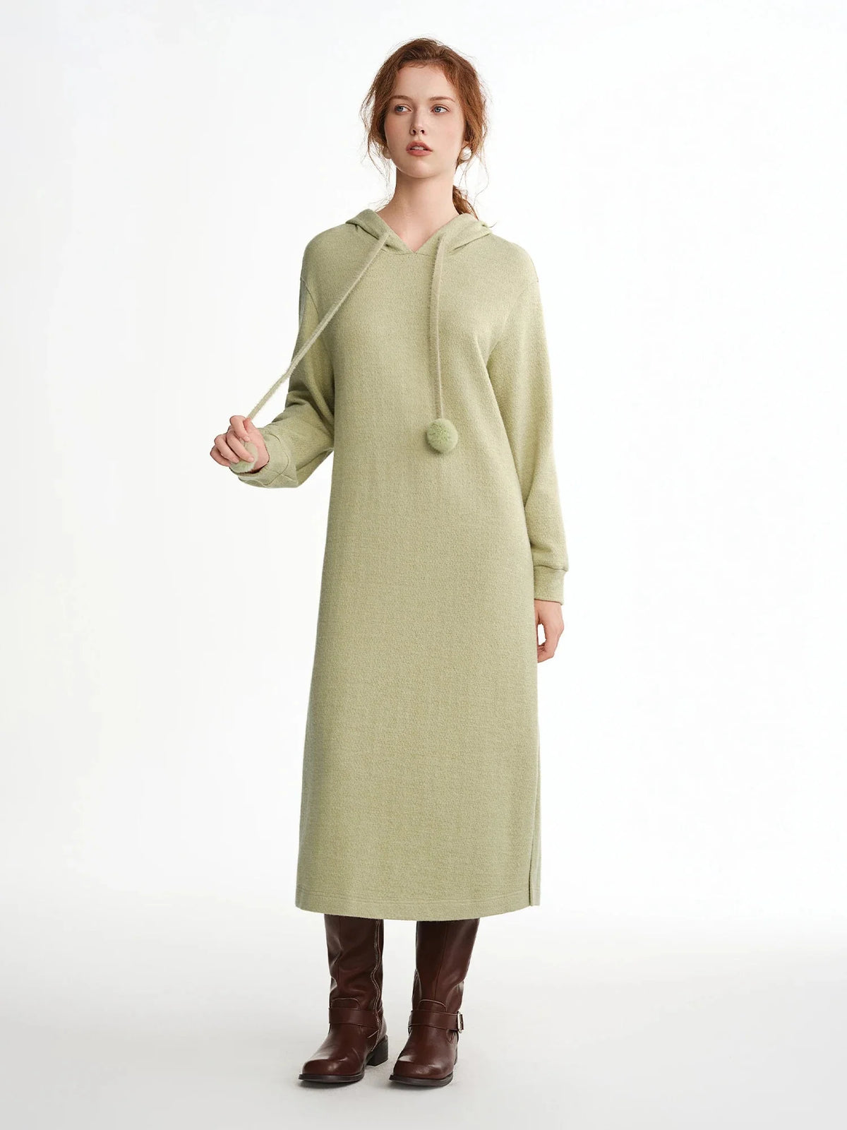 Hooded Knit Dress Drawstring Waist Winter Tunic