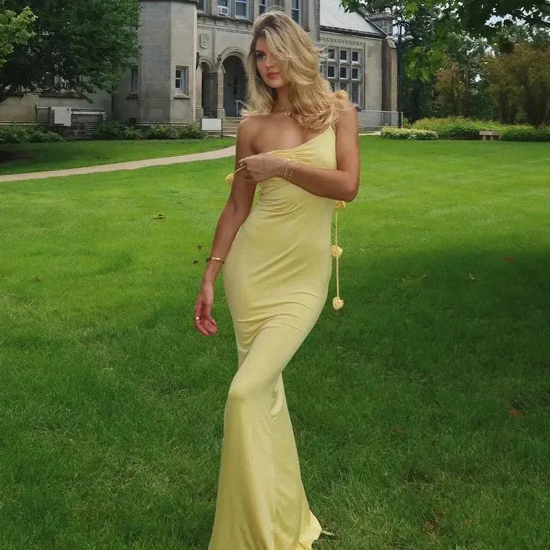 Sleeveless Neck-Wrap Evening Party Dress with Floral Strap Accents