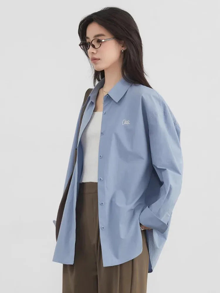 Loose Cotton Blue Shirt Casual Long-Sleeved Blouse