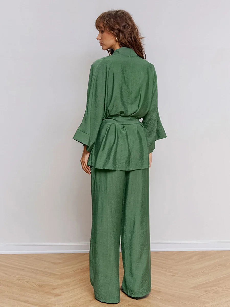 Mozuleva Women's Long Sleeved Pajama Set New Autumn Green Lace Up Pajamas Loose Pants Leisure Home Clothing 2-piece Set