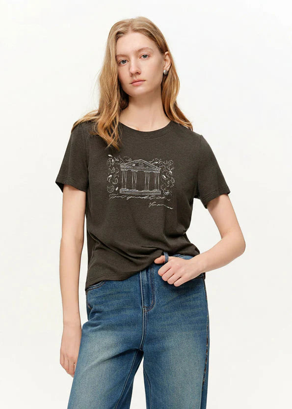 Vintage Beaded T-Shirt Casual Round Neck Top