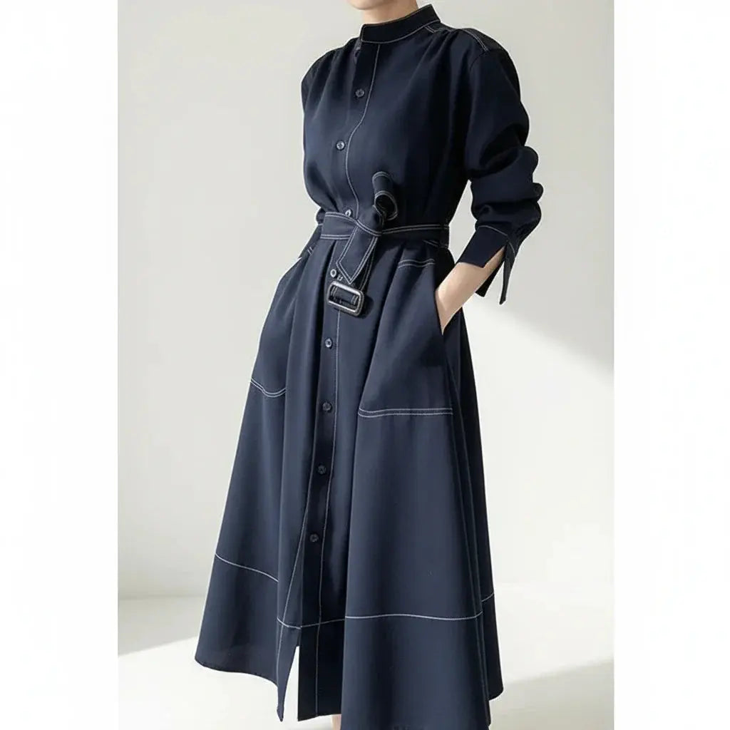 Casual-Chic Stand Collar Straight Dress with Tie Sash