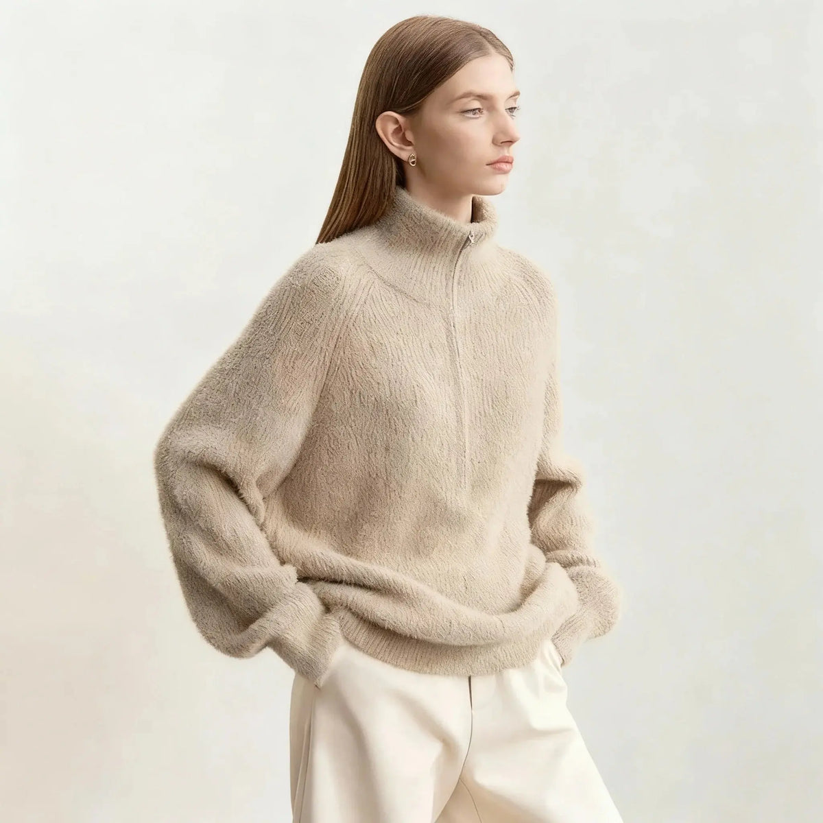 Women's Loose Fit Turtleneck Sweater with Quarter-Zip