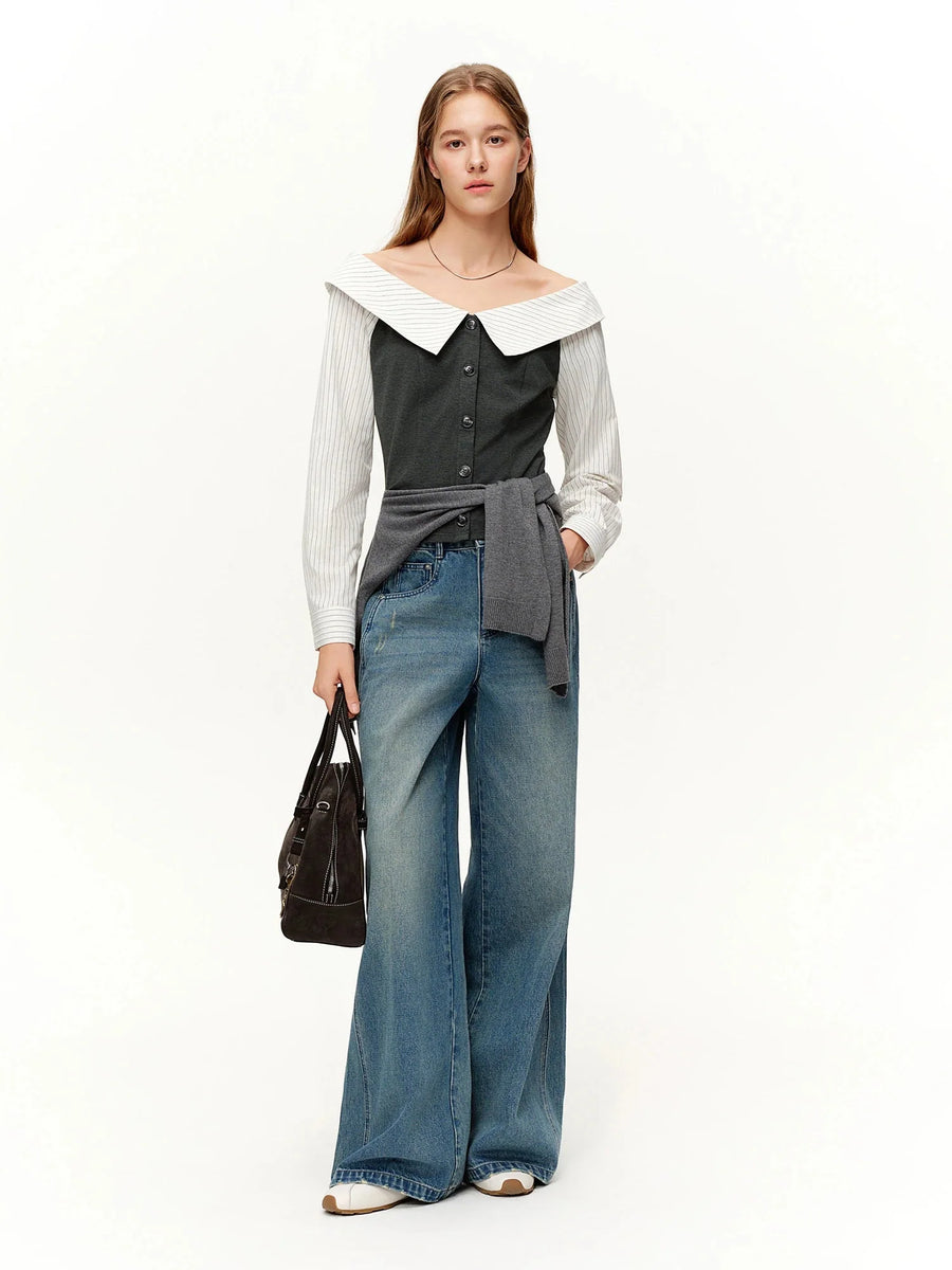 Spring Fashion Off Shoulder Crop Top & Mix Match Patchwork Jeans