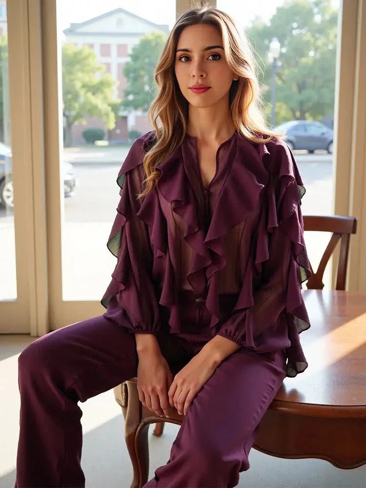 Chic Translucent Blouse with Layered Gauze and Ruffle Detail