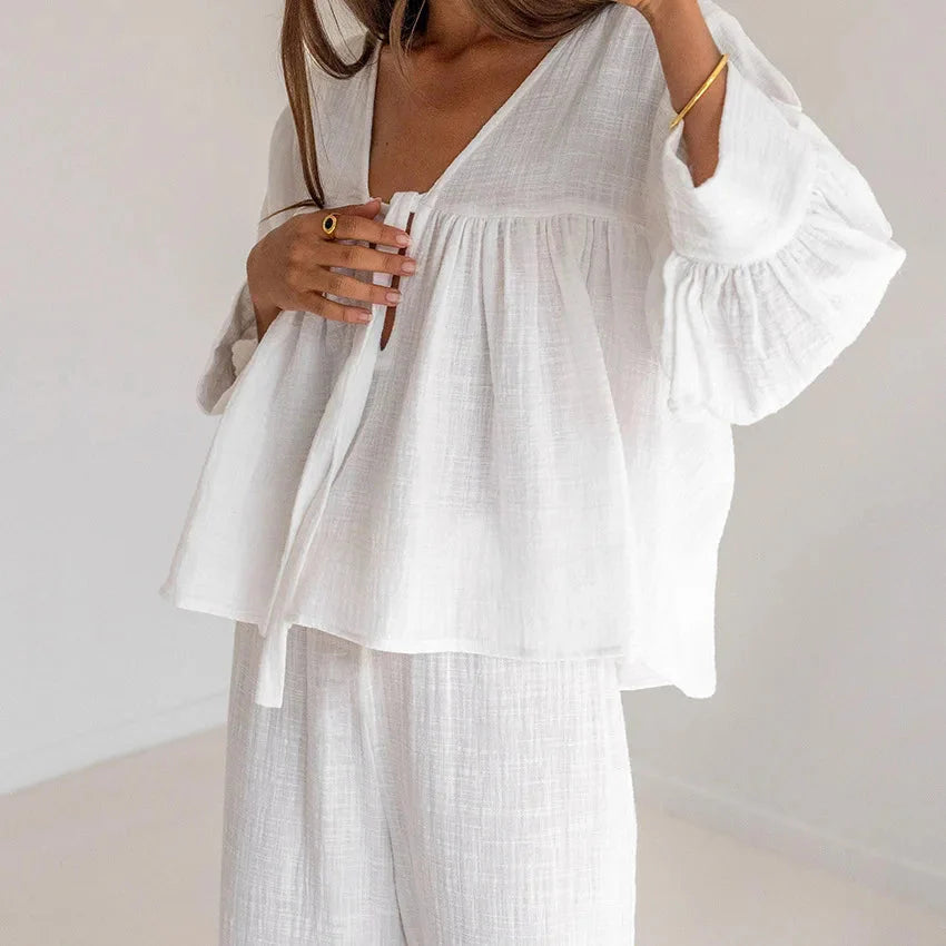 Women's Pajamas Cotton 2-Piece Set V-Neck