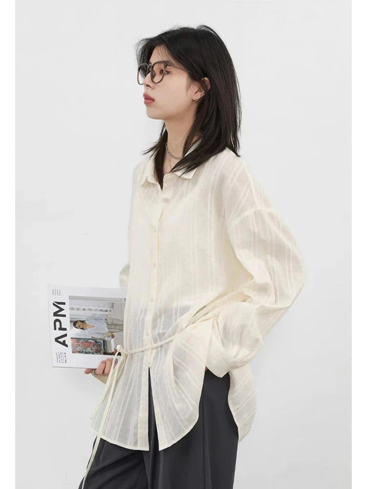 Textured Striped Waist Shirt Long Sleeve Summer Blouse