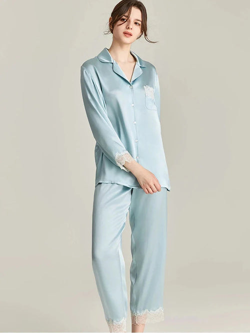 100% Real Silk Pajamas Set with Lace Trim Women's Sleepwear