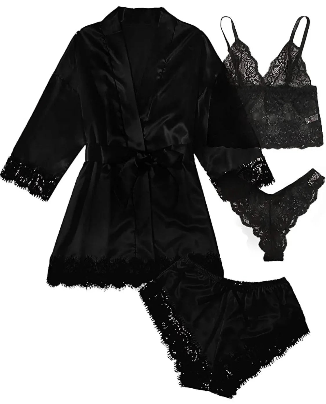 2025New Women's Pajama Fashion 4-piece Set Lace Satin Strap Sexy Pajama Set Dress Skin friendly Comfortable Casual Pajama Skirt