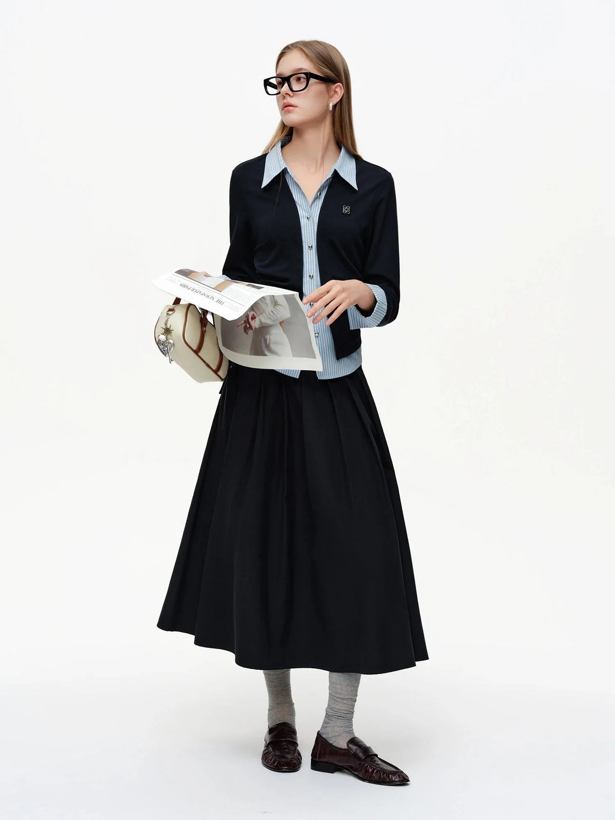 High Waist 3D Pleated Midi Skirt with Side Tie & Ruffles