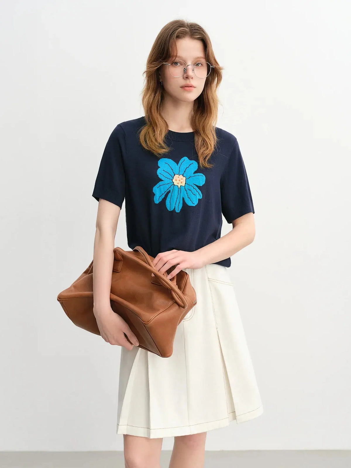 Autumn Bloom Knit Tee Soft Short-Sleeve Top