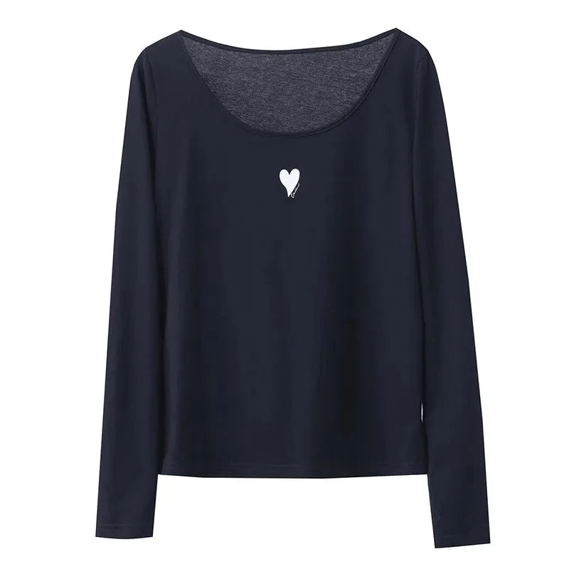 U-Neck Contrast Print Tee Long Sleeve Cotton Basic