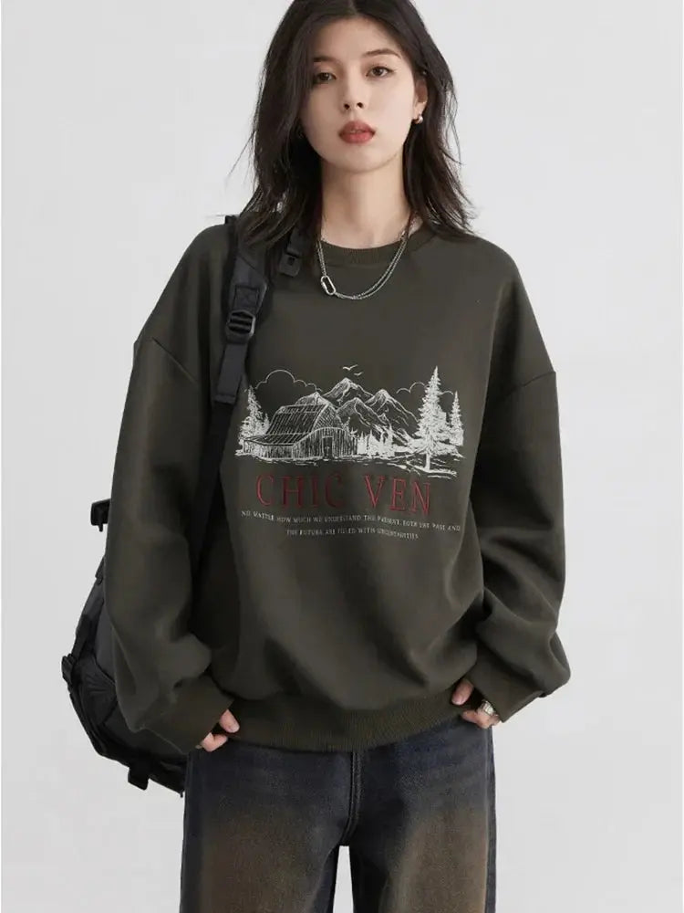 Retro Letter-Embroidered Oversized Sweatshirt