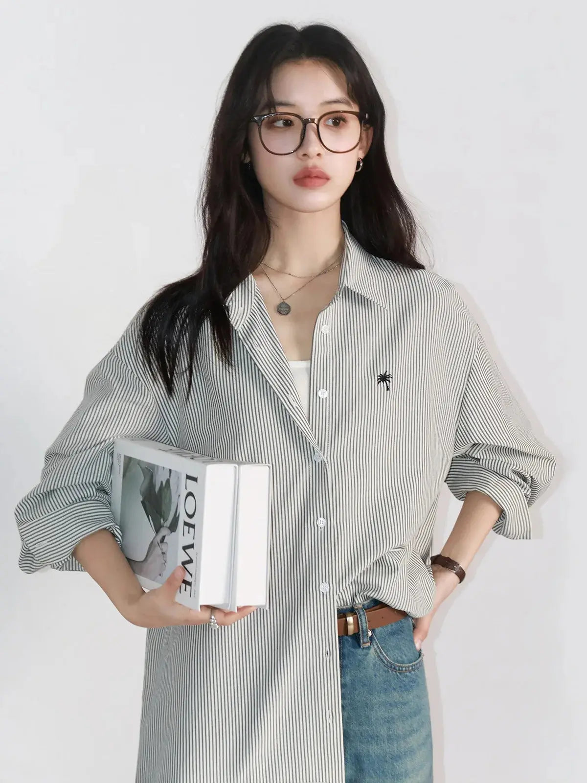 Striped Embroidered Long-Sleeve Blouse
