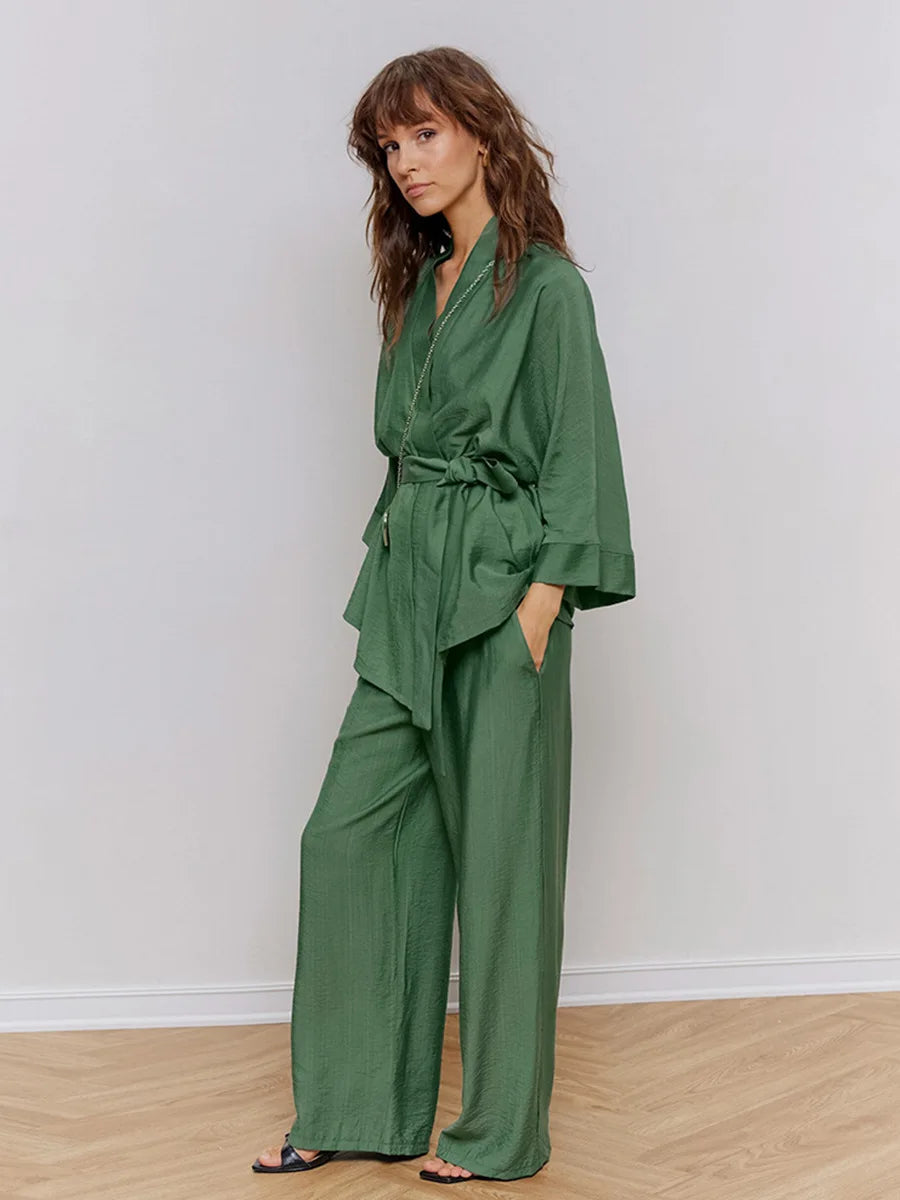 Mozuleva Women's Long Sleeved Pajama Set New Autumn Green Lace Up Pajamas Loose Pants Leisure Home Clothing 2-piece Set