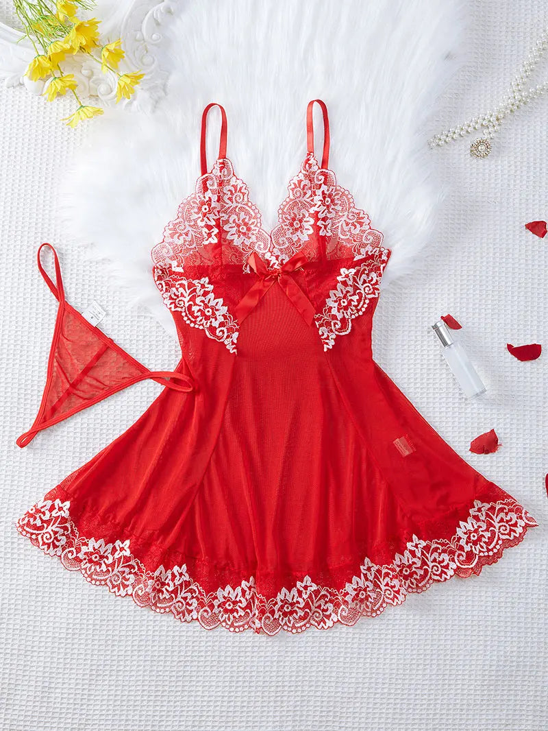 Transparent Thin Style G-string Lace Ruffle Trim Lingerie Set Women Nightgowns Sleeveless Sleepwear Sexy V-Neck Bra Panty Sets