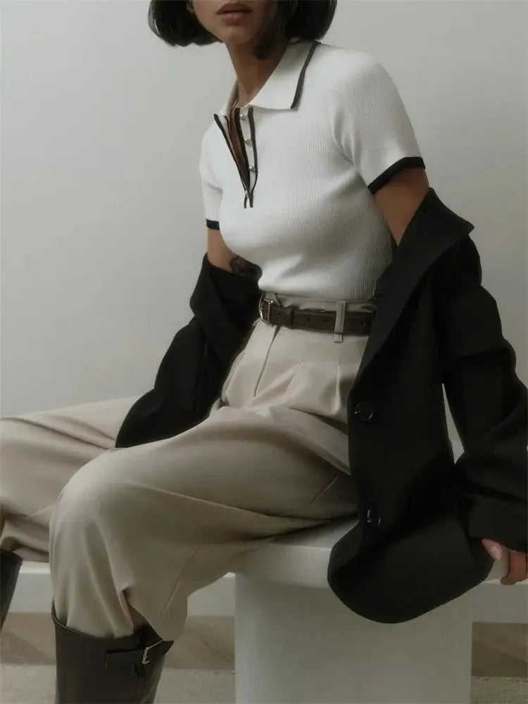 Contrast Patchwork Knit Top with Lapel Collar