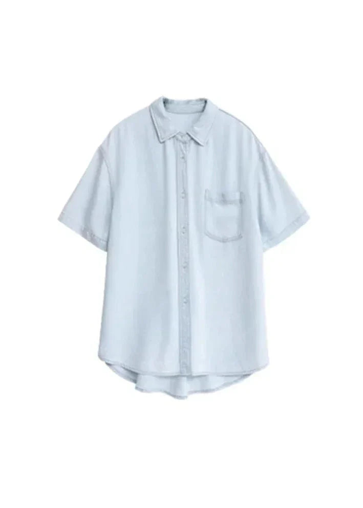 Blue Denim Set: Loose Shirt & Elastic Waist Shorts/Skirt