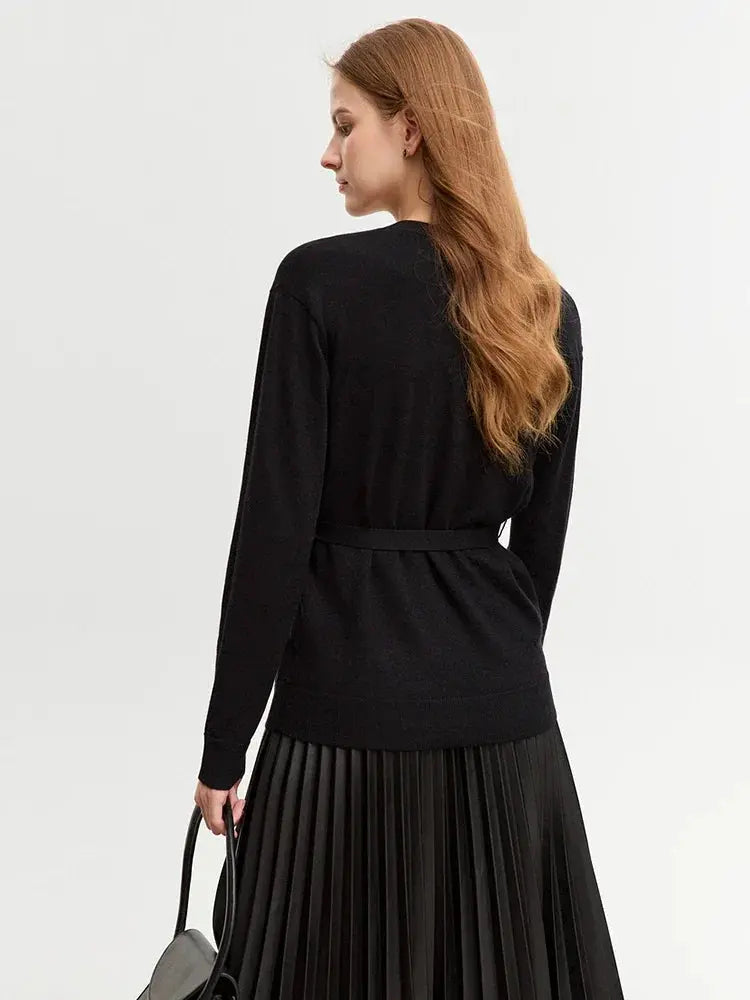 Women's V-Neck Knit Cardigan Sweater with Belt