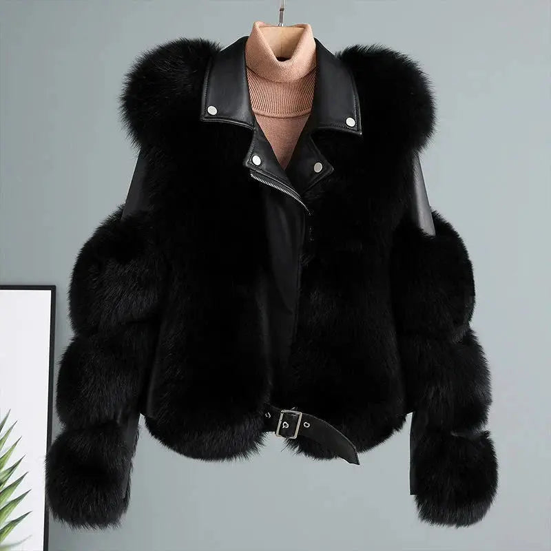 Faux Fur Jacket Patchwork Long Sleeve Pu Leather Fluffy