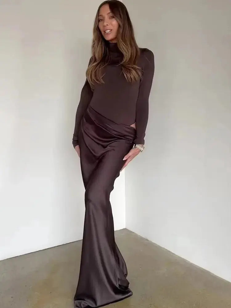 Elegant Patchwork Satin Evening Dress with Turtleneck & Zipper