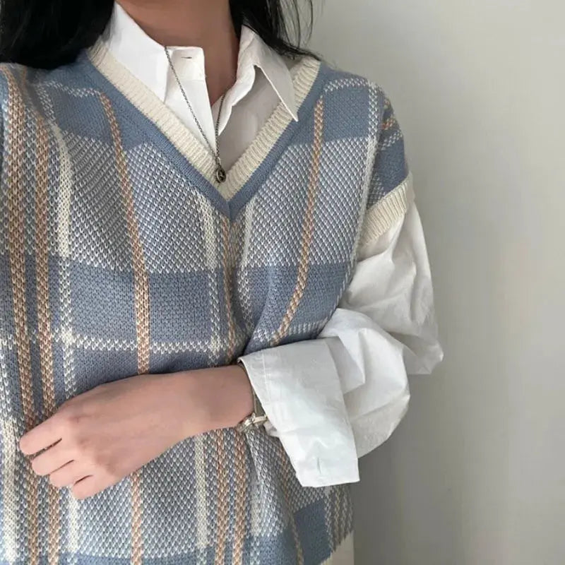Vintage Korean Style Plaid Knit Pullover Vest
