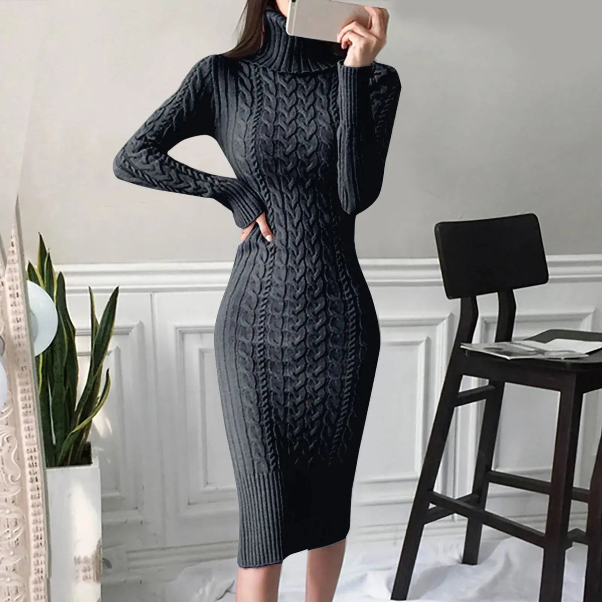 Warm Knitted Bodycon Turtleneck Dress for Autumn/Winter