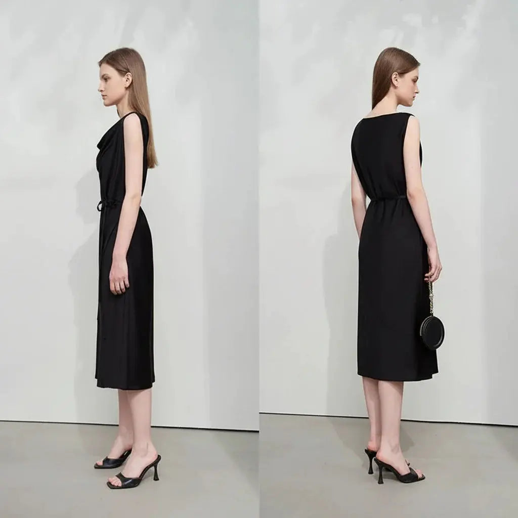 Elegant Black Swing Neck Midi Dress with Thin Belt