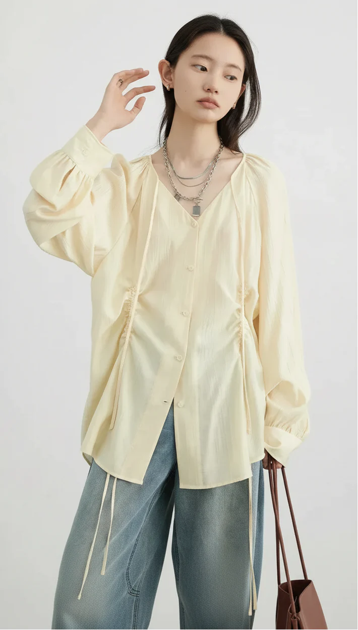 Women’s V-Neck Lace-Up Blouse Loose Pleated Spring Top
