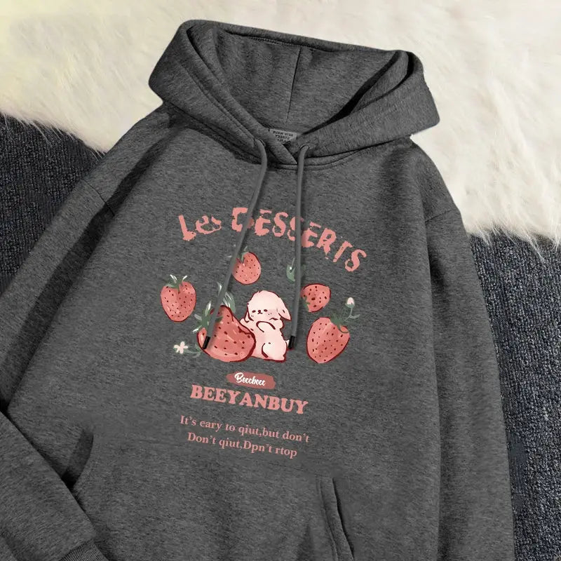 Adorable Rabbit & Strawberry Print Women's Hoodie for Cozy Days
