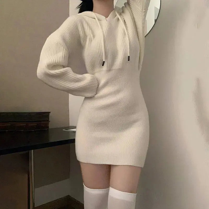 Chic High-Waist Bandage Knit Dress with Hood