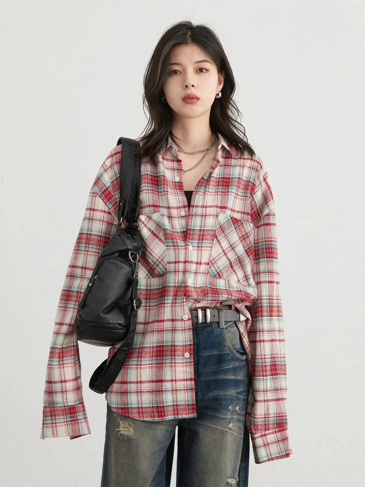 Retro Color Block Grid Cotton Shirt Loose Fit Blouse