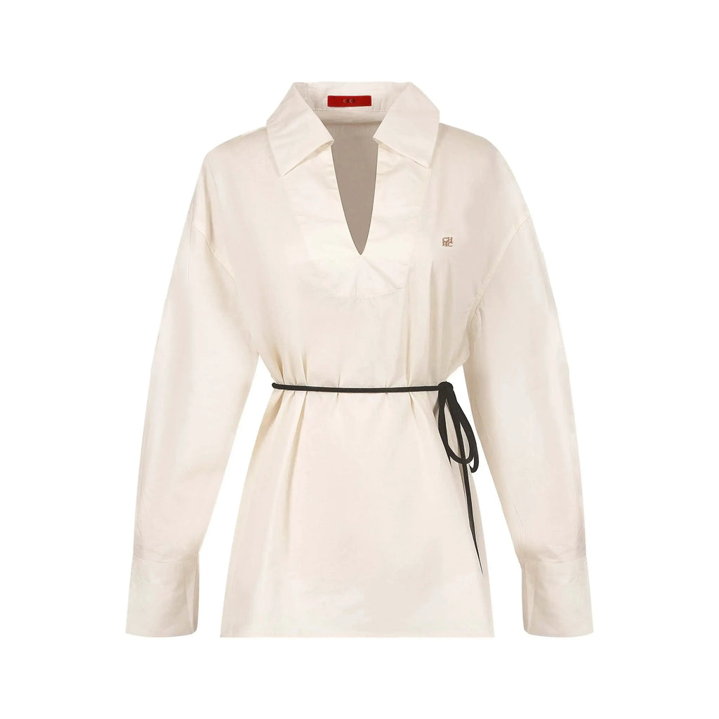 Beige V-Neck Long-Sleeve Commuter Top