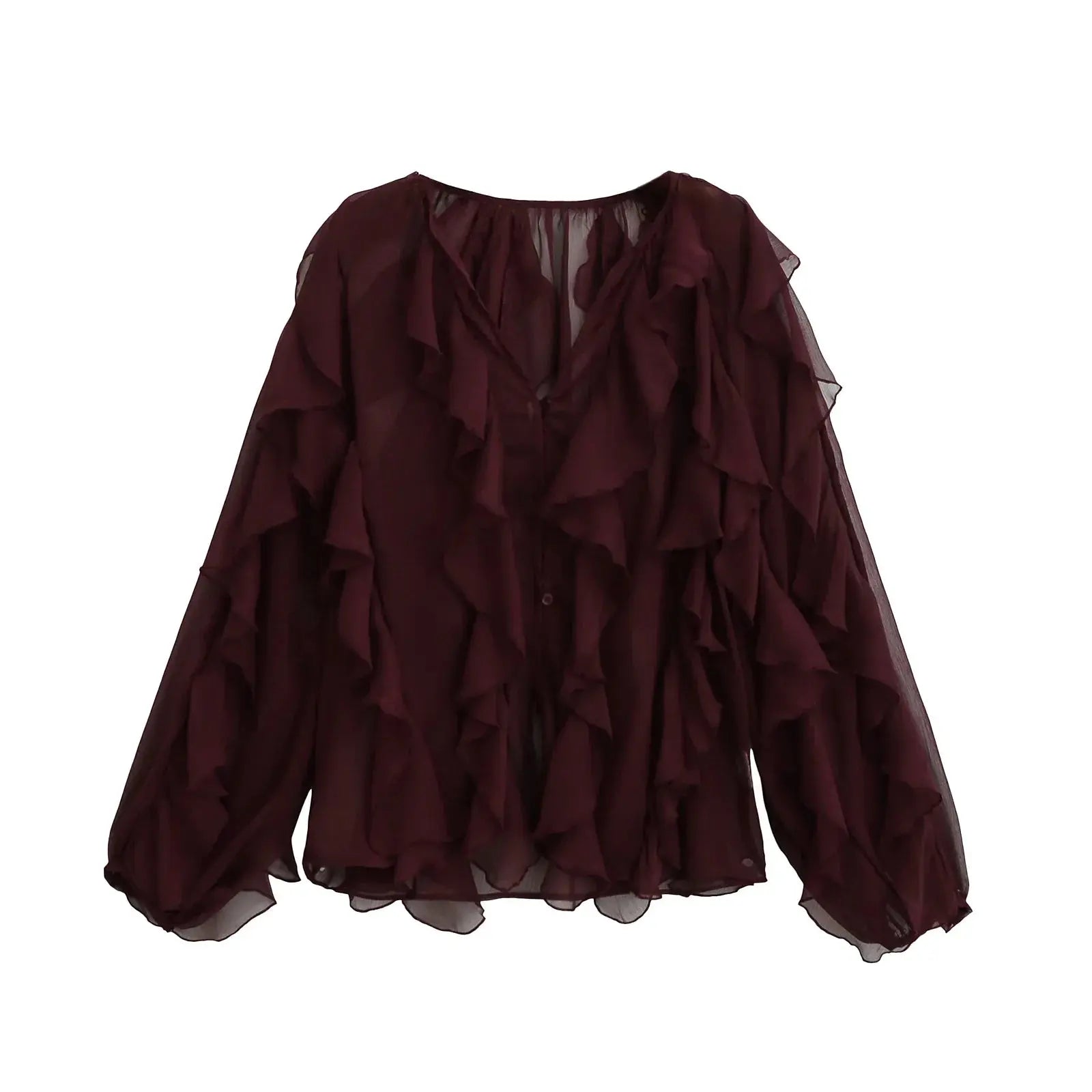 Chic Translucent Blouse with Layered Gauze and Ruffle Detail