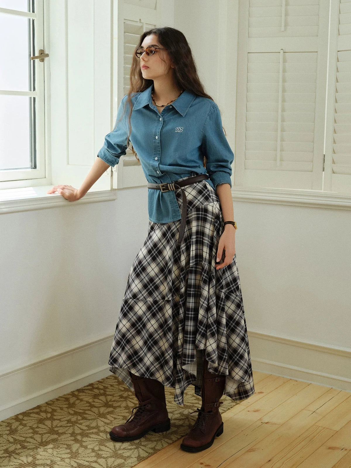 Plus Size Irregular Deconstructed Checkered A-Line Skirt