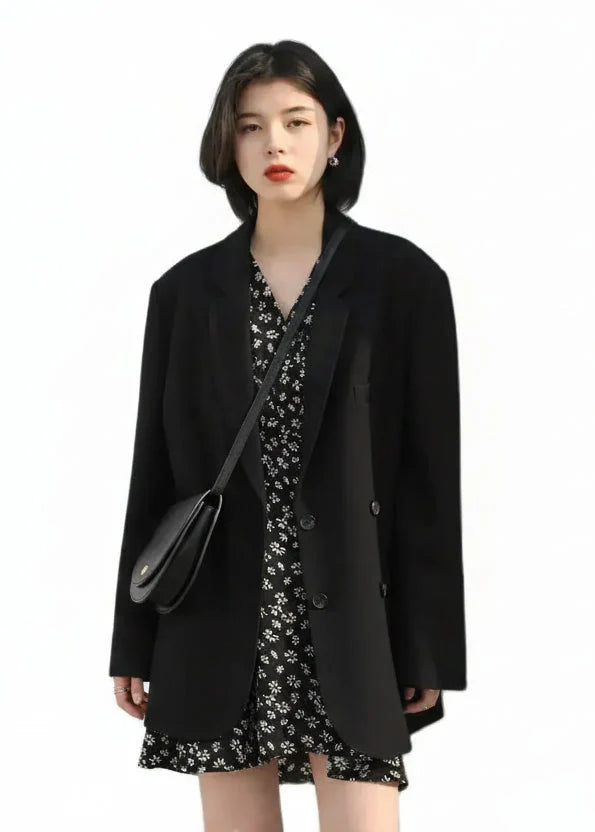 Double-Breasted Office Blazer Stylish Mid-Length Coat
