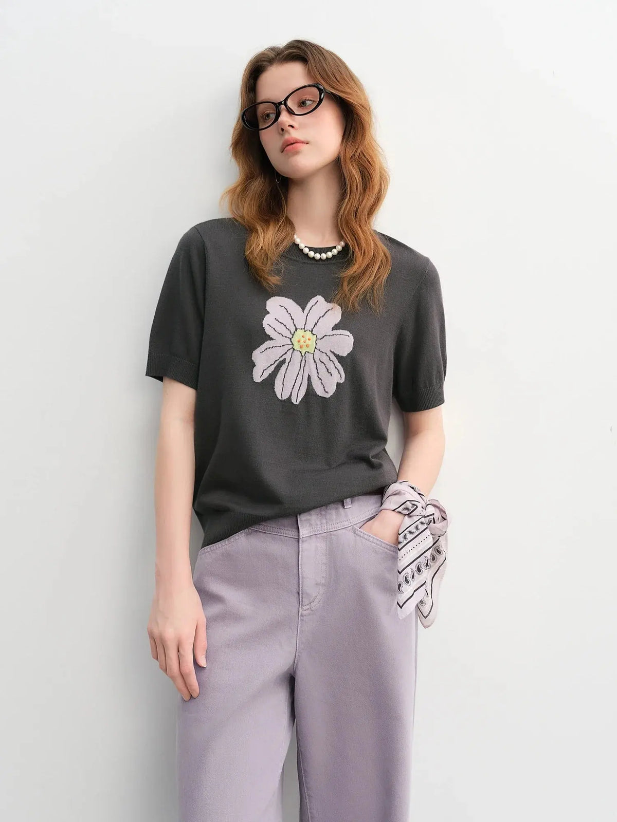 Autumn Bloom Knit Tee Soft Short-Sleeve Top