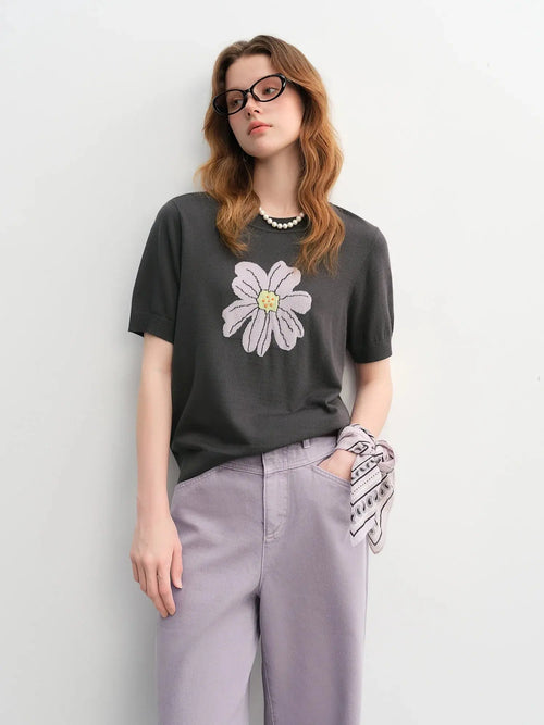 Autumn Bloom Knit Tee Soft Short-Sleeve Top