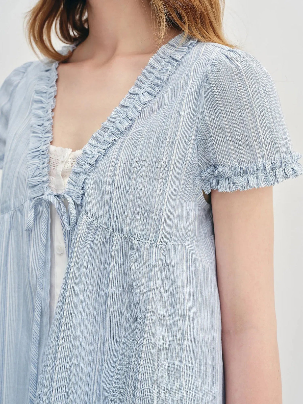 New Blue Striped Ruffle Blouse