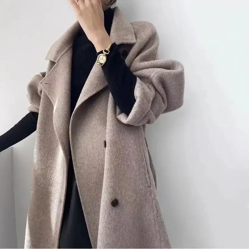Chic Gray Standing Collar Double-Sided Wool Coat
