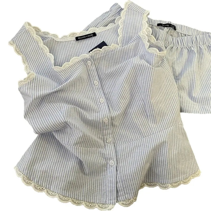 Striped Women Pajamas Summer Sleepwear Sleeveless Shorts Sets 2 Pieces Lace Night Wears Tank Korean Sleeping Home Suit 2025 New